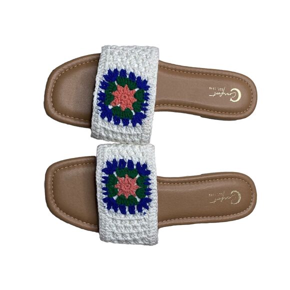 CATO Comfort Granny Square Crochet Embroidery Tan Cream Flower Sandals Size 9 - Picture 2 of 7